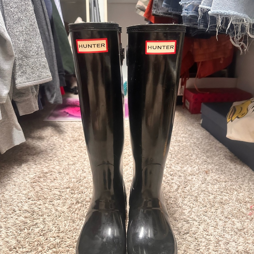 Hunter Glossy Black Tall Boots Wide Calf